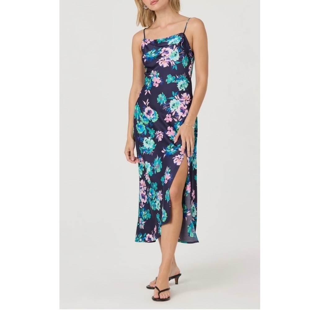 NEW ASTR The Label Satin Floral Cowl Neck Midi Dress Blue Midnight
